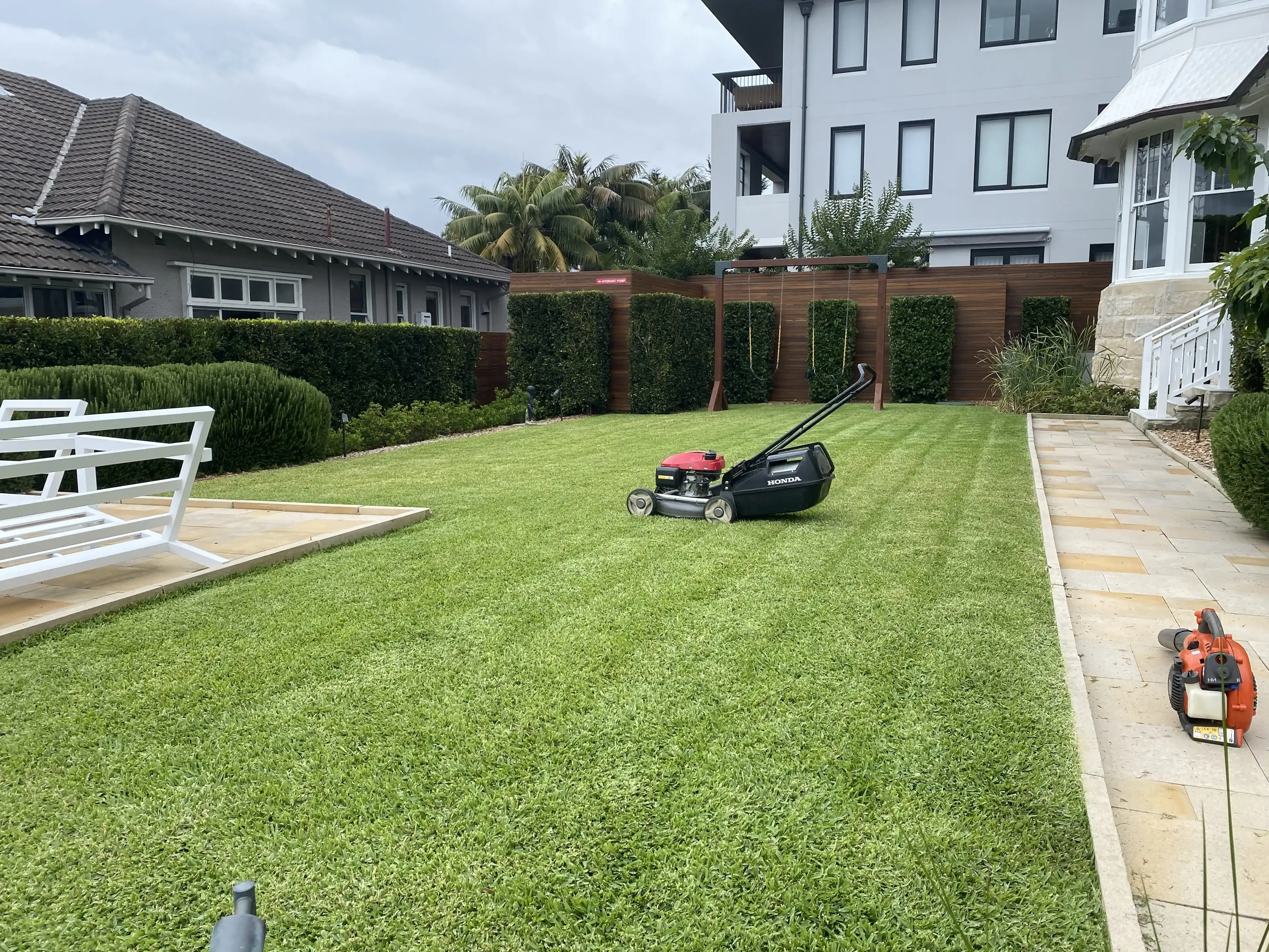 Striped lawn beside a pool